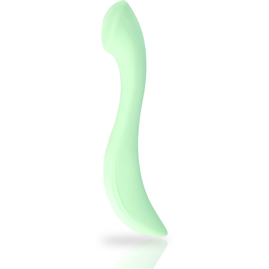 Vibratore interno flessibile di colore verde chiaro, una forna a S, la punta allargata