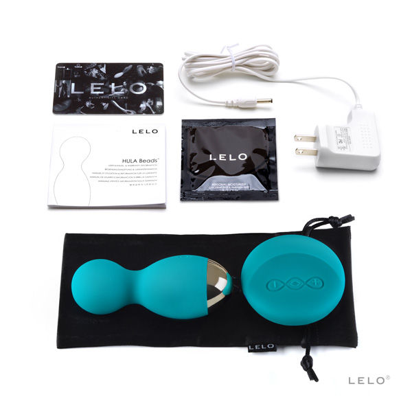 Confezione premium LELO con sfere Hula Blu, telecomando, cavo di ricarica usb, bustina lubrificante