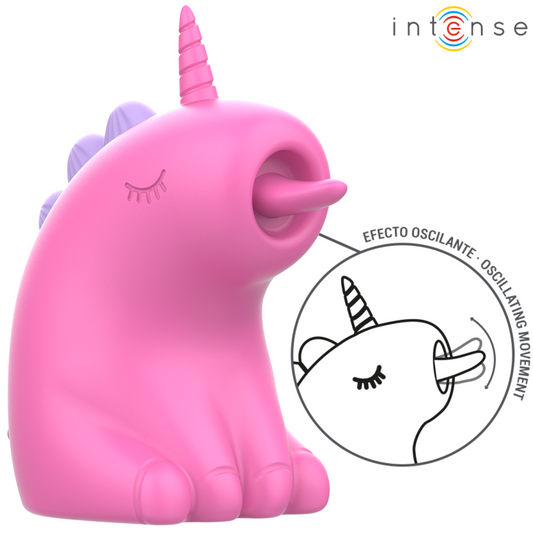 Stimolatore clitorideo Unicorno Rosa con corno e design fantasy su sfondo bianco