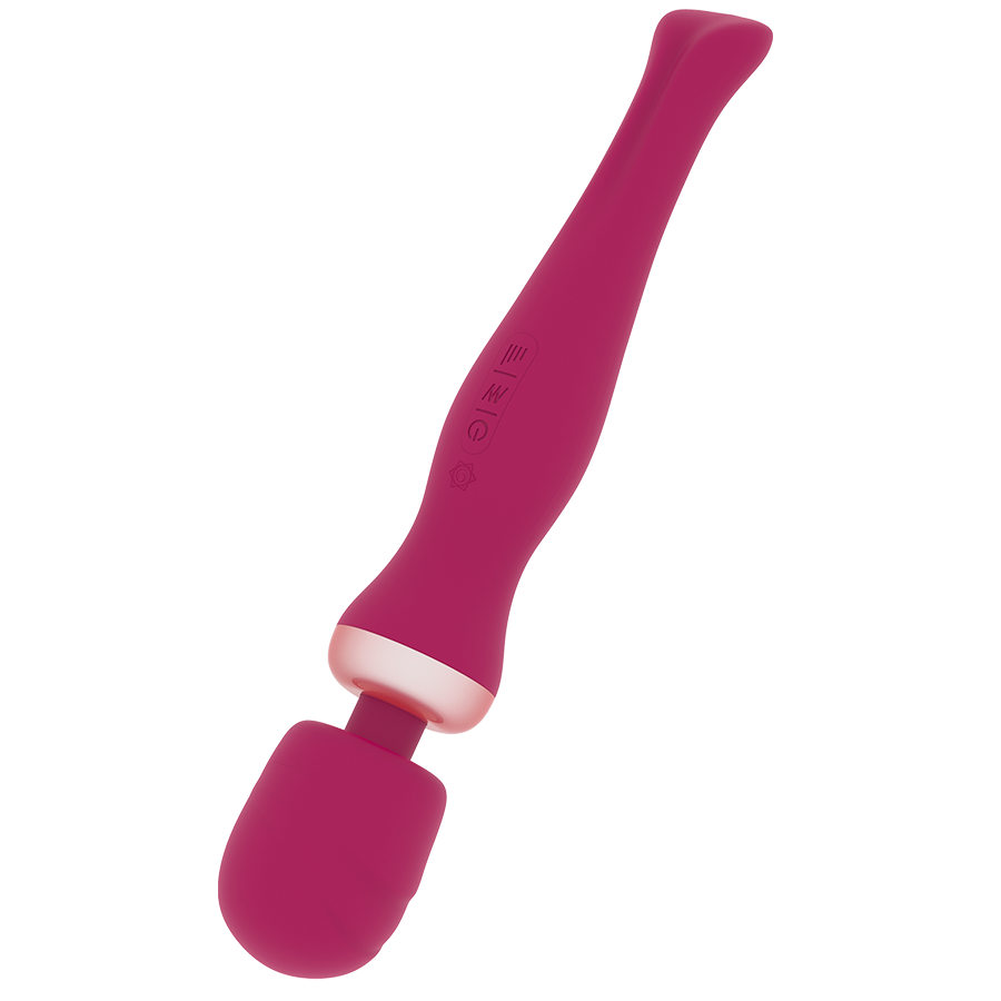 Vibratore massaggiatore fucsia in silicone con testina arrotondata e manico ergonomico dotato di pulsanti di controllo.
